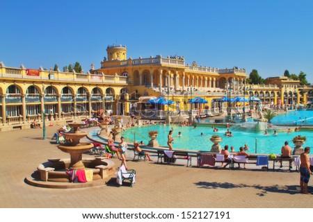 BUDAPEST, HUNGARY - 17 AUGUST: Szechenyi thermal baths on August 17, 2013 in Budapest. The Szechenyi Bath is the largest medicinal bath in Europe. Its water is supplied by two thermal springs.