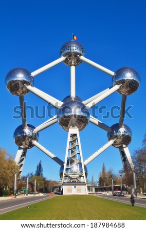 BRUSSELS BELGIUM-19 MARCH Atomium on March 19 2014 in Brussels.The Atomium was constructed for Expo 58.Designed by engineer Andre Waterkeyn and architects Andre and Jean Polak.It stands 102m tall BRUSSELS BELGIUM-19 MARCH Atomium on March 19 2014 in Brussels.The Atomium was constructed for Expo 58.Designed by engineer Andre Waterkeyn and architects Andre and Jean Polak.It stands 102m tall