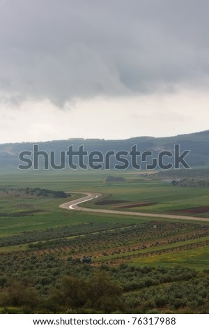aerial view of Galilee and Jordan valley, Israel in a moody weather