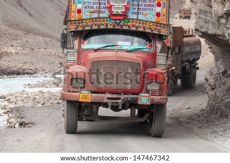 LADAKH, INDIA - OCTOBER 12: Colorful truck on the mountain road between Manali and Leh October 12, 2012 in Ladakh, India.