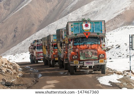 LADAKH, INDIA - OCTOBER 14: Colorful truck on the mountain road between Manali and Leh October 14, 2012 in Ladakh, India.