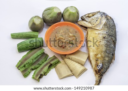 Fried Mackerel fish,chili sauce ,and boil vegetable-isolated