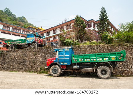 GANGTOK,SIKKIM,INDIA-APRIL 07:The India trucks park at the road of Gangtok town on April 07,2013 in Sikkim,India.