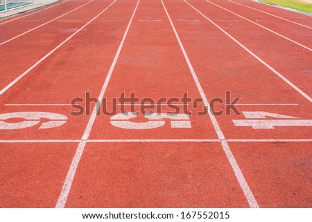 Athletic running track with number four,five and six in stadium