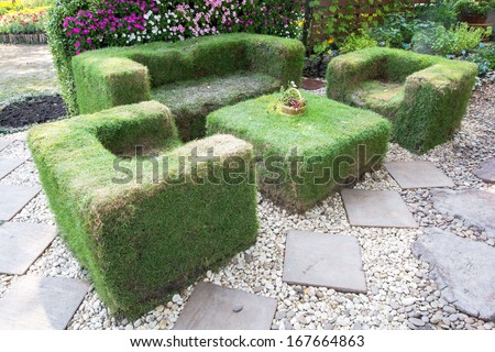 Decoration garden with grass sofa in the park,Bangkok,Thailand