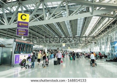 BANGKOK -DECEMBER 24:The departure terminal of Bangkok Suvarnabhumi International Airport on December 24, 2013 in Bangkok, Thailand.This airport is handling about 45 million passengers annually.