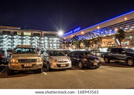 BANGKOK-DECEMBER 18:Parking building with cars in Suvarnabhumi Airport at night on December 18, 2013 in Bangkok ,Thailand.This airport is handling about 45 million passengers annually.