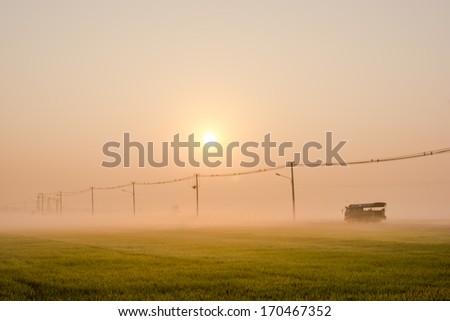 Country road on sunrise and the electric pillar , silhouette of view