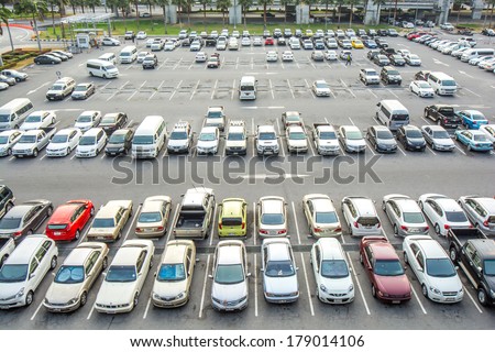 BANGKOK, THAILAND-FEB 07, 2014 : Aerial view of airport car crowded parking lot in Suvarnabhumi Airport in Bangkok ,Thailand.This airport is handling about 45 million passengers annually.