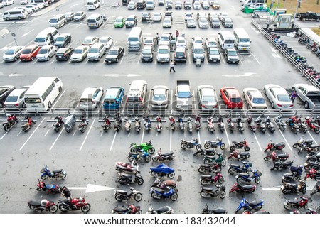 BANGKOK, THAILAND-FEB 07, 2014 : Aerial view of airport car crowded parking lot in Suvarnabhumi Airport in Bangkok ,Thailand.This airport is handling about 45 million passengers annually.