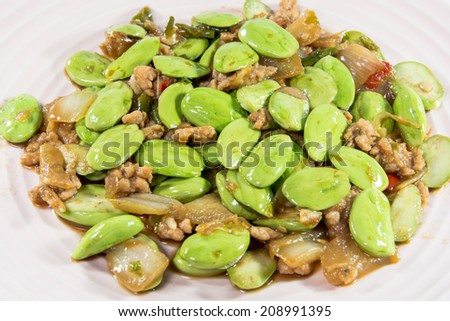 Thai food Stinking edible or Parkia speciosa fried with ground pork