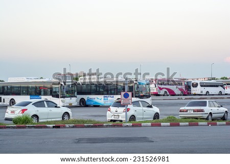 Bangkok, Thailand - November 15, 2014 : Car and  bus parking lot at bus terminal of Suvarnabhumi International Airport in Bangkok,Thailand.