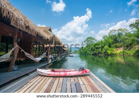 Kanchanaburi , Thailand - May 12,2015 : River view at  The Forest Resort with raft house on River Kwai in Kanchanaburi, Thailand.
