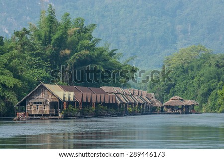 Kanchanaburi , Thailand - May 11,2015 : River view at  The Forest Resort with raft house on River Kwai in Kanchanaburi, Thailand.