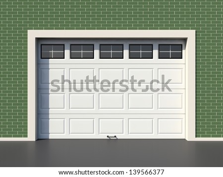 White modern garage door with windows on green brick wall