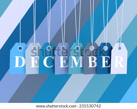December tag on colored hanging labels. Winter colors