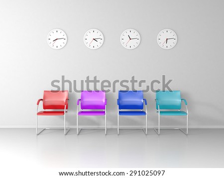 Colored chairs and four different clocks in the waiting room