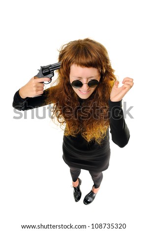Woman holding a gun to her head. Top view. Isolated on white