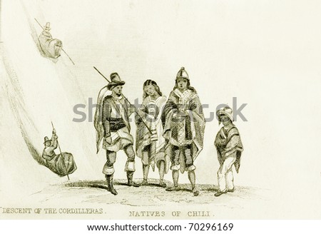 CHILE, SOUTH AMERICA- CIRCA 1828-Unidentified natives of Chile in traditional dress. This image is of an antique miniature drawing from the Illustrated Atlas of the World published circa 1828