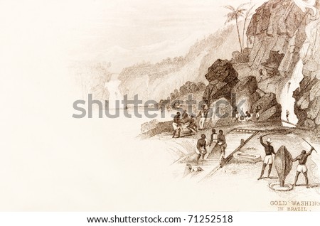 BRAZIL - CIRCA 1828 - Labourers wash for gold.  This image is of an antique miniature drawing taken from the Illustrated Atlas of the World published circa 1828