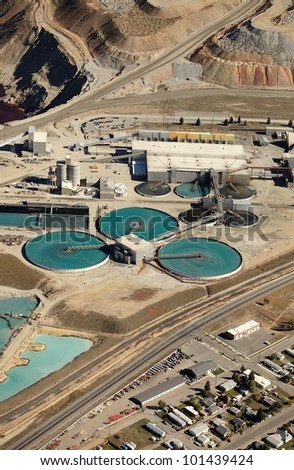 An aerial view of a water treatment facility at a copper mine