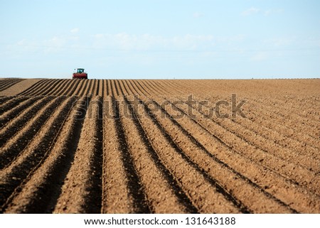 A tractor working planting potatoes in the fertile farm fields of Idaho.  Focus in on the freshly planted rows.