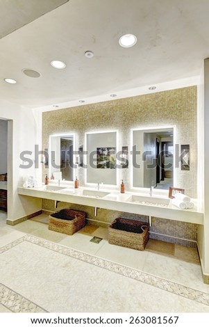 Driggs,Idaho, USA Oct. 10, 2014 An interior view of the bathroom vanity in a modern spa and wellness facility.