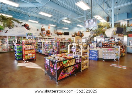 Idaho Falls, Idaho, USA Dec. 4, 2008 The interior of a modern convenience store, with impulse snack items and drinks for sale.