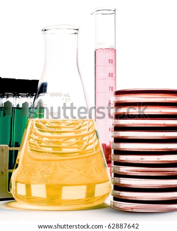 Glass lab ware, test tubes, graduated cylinder, petri dishes,  white background, glass,