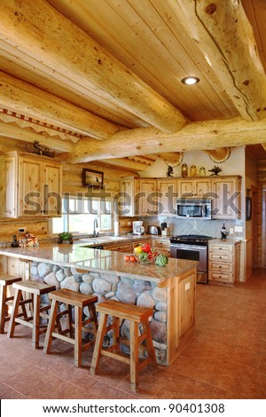The kitchen in a modern log cabin