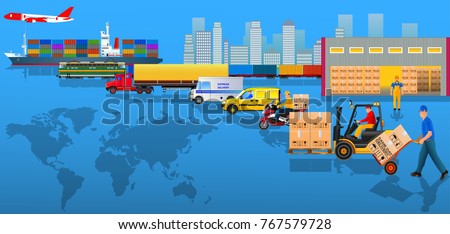 Global logistics network. Flat vector illustration. Air cargo, rail transportation, maritime shipping, warehouse, delivery man, container ship, city skyline on World map