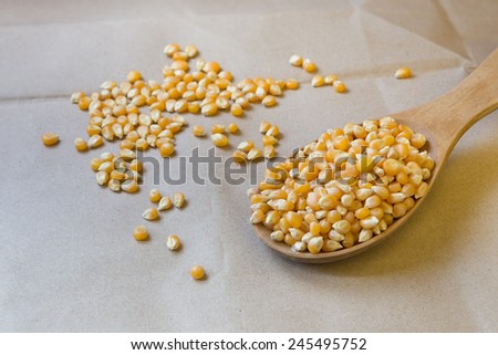 corn seed on wooden spoon paper background