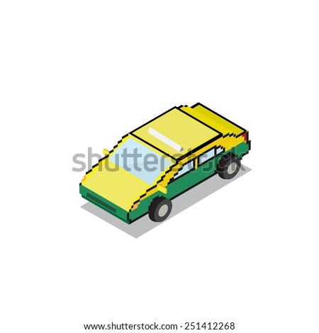green yellow Taxi transportation car isometric 3D pixels design