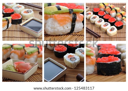 colage with traditional Japanese sushi