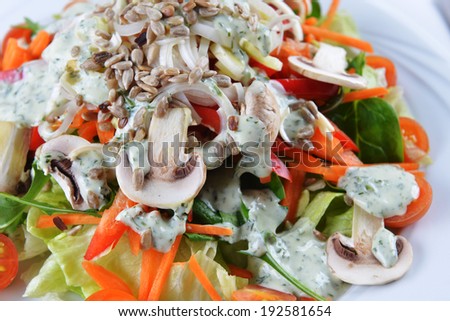 mushrooms salad with lettuce, cherry  tomato and seeds