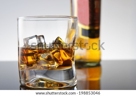 Simple composition of glass and bottle whisky.
