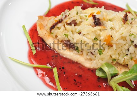 Chicken  with rice in cranberry sauce