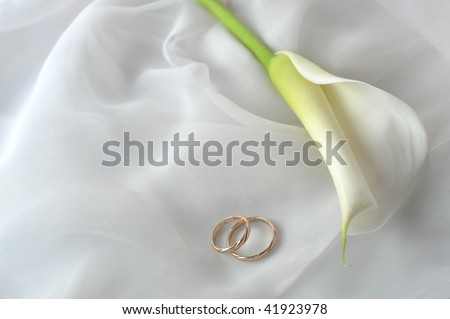 stock photo White transparent fabric and wedding rings close up