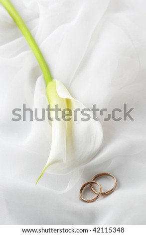 stock photo White transparent fabric and wedding rings close up