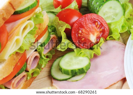 Fresh sandwich and tasty salad  on plate, close up