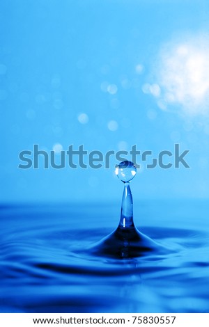 drops landing on water surface and creating ripples, drops hang suspended in time