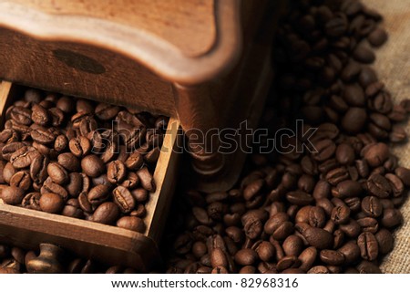 coffee beans in  box from  old hand grinder