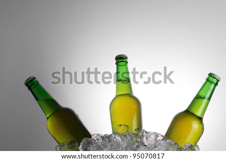 green bottles of beer chilling on ice