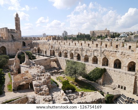 Tower of David is so named because Byzantine Christians believed the site to be the palace of King David. The current structure dates from the 1600\'s. Jerusalem, Israel