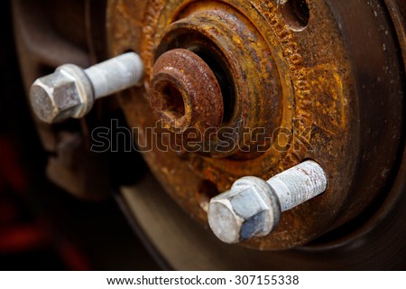 rusty brake disk and detail of the wheel hub,auto repair concept