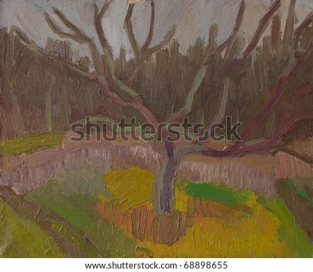 oil paintings, spring landscape with a tree