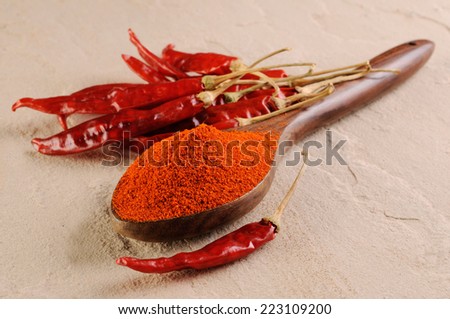 Chili powder,paprika powder spices on spoon,red spicy chili