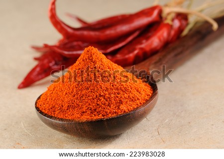 Powdered dried red pepper,powder paprika with wooden spoon,Chili powder in wooden spoon