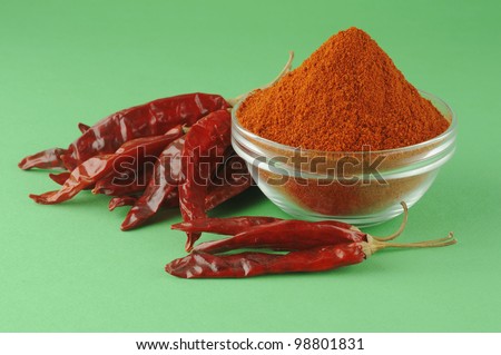 Red chilly pepper , red pepper powder on green background