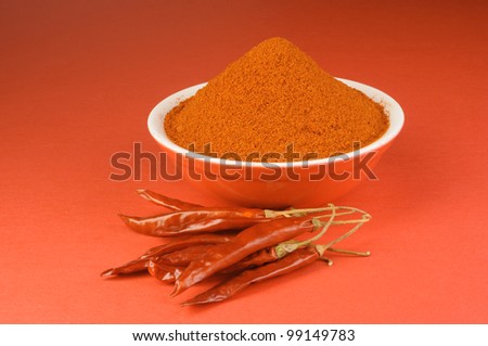 Red chilly pepper , red pepper powder on red background